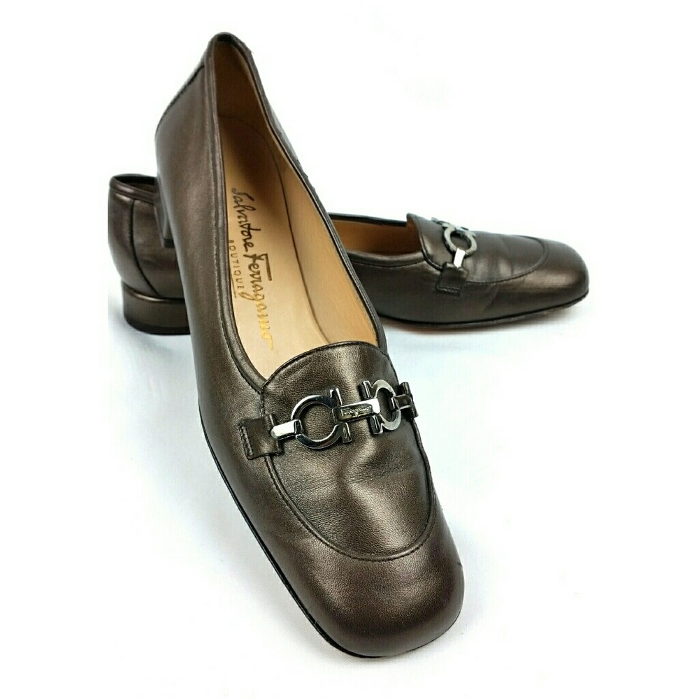 Salvatore Ferragamo Horsebit Taupe Slip On Heels